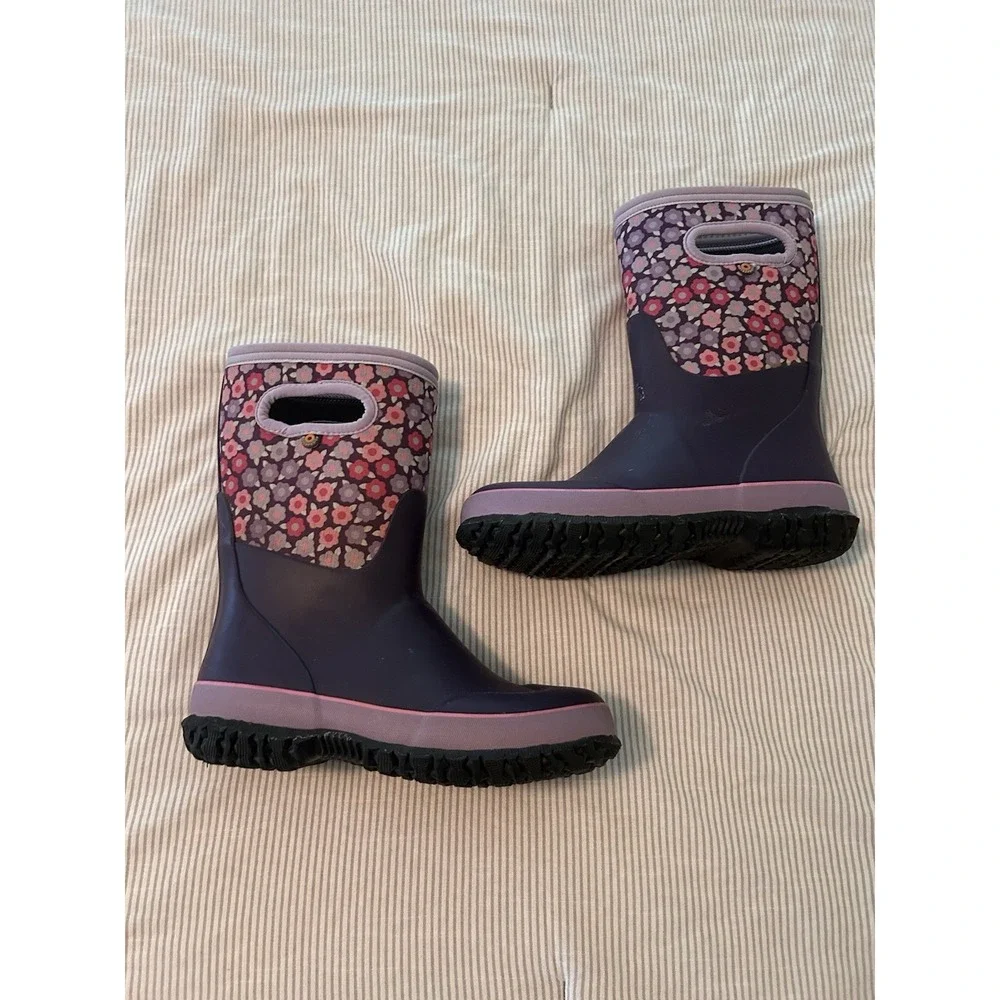 Bogs Bloom Kids Size 3 Girls Boots Floral Purple Rubber Pull On